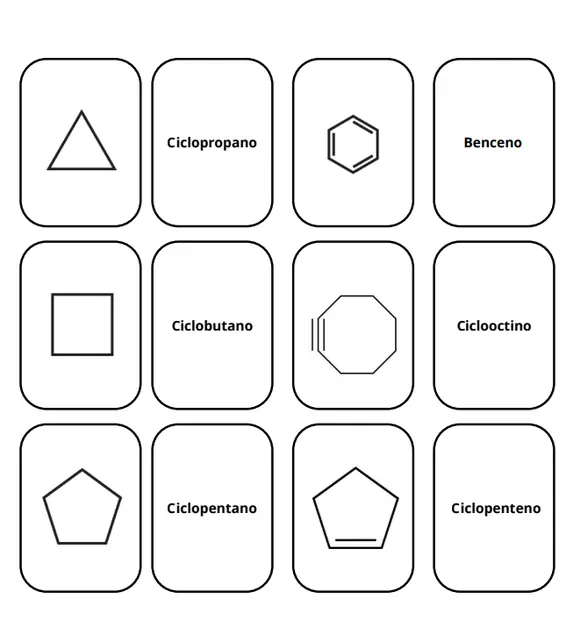 Cartas internas del juego de memoria sobre hidrocarburos
