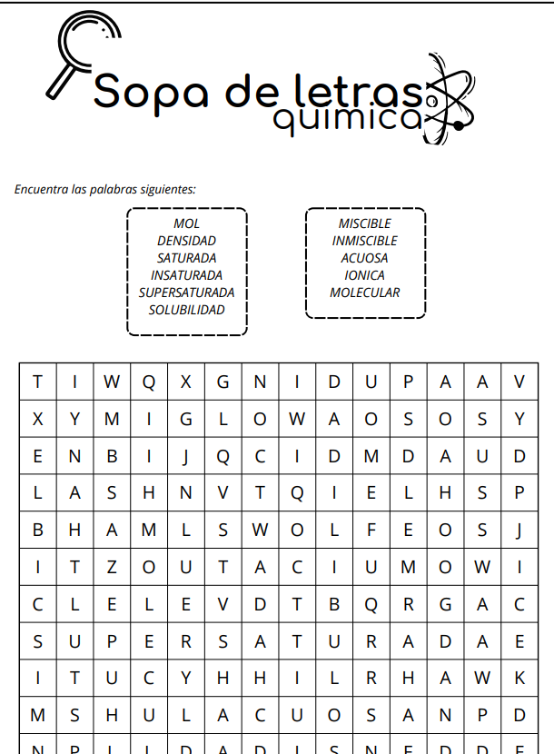 Página interna de sopa de letras sobre soluciones químicas