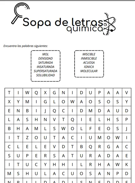 Página interna de sopa de letras sobre soluciones químicas