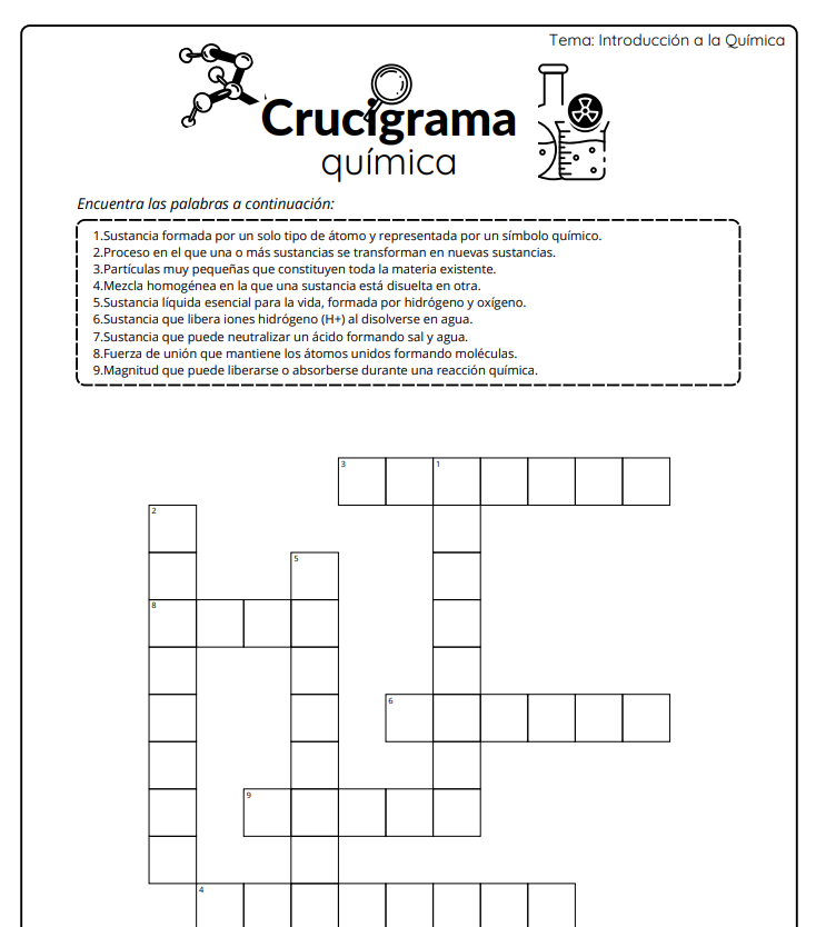 Página interna de crucigrama de química