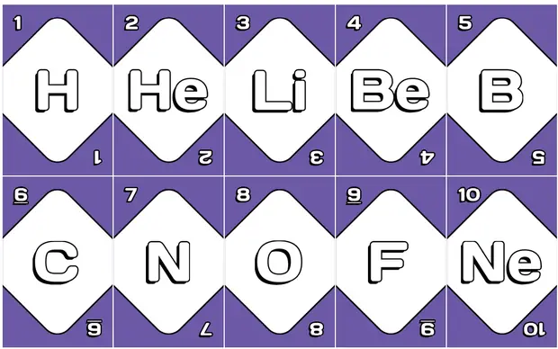 Cartas moradas con símbolos de elementos químicos