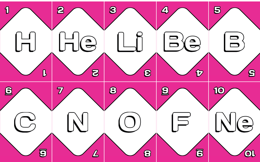 Cartas rosas con símbolos de elementos químicos
