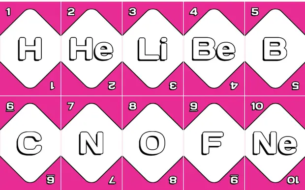 Cartas rosas con símbolos de elementos químicos
